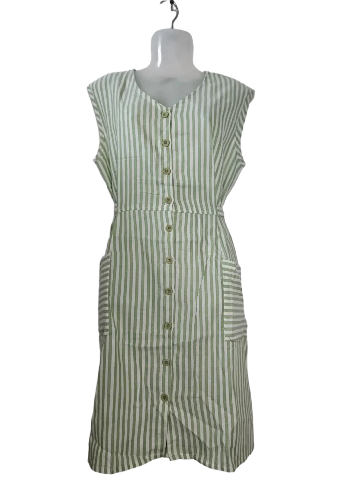 Green & White Striped Button-Down Linen Dress