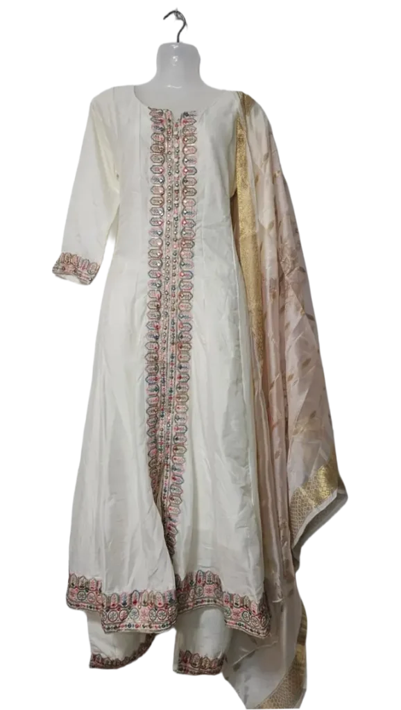 Ivory White Anarkali Suit with Multicolor Embroidery & Banarasi Dupatta