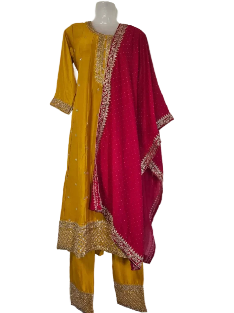 Mustard Gold Embroidered Churidar Set with Magenta Dupatta
