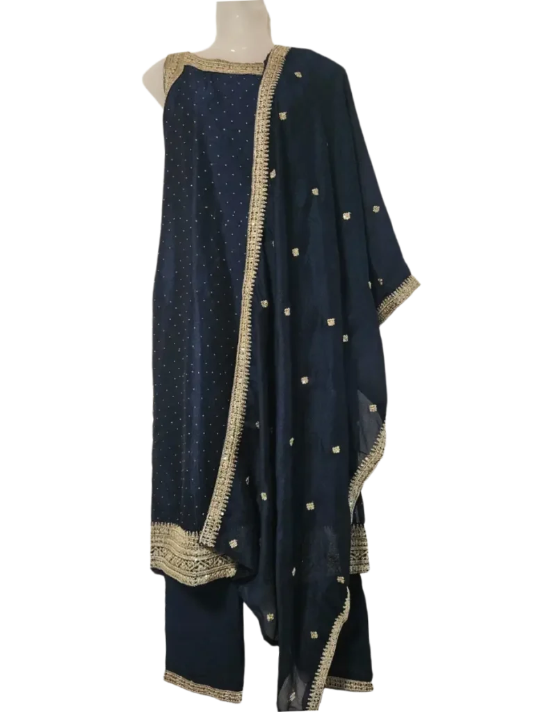 Navy Blue Embroidered Churidar Set with Matching Dupatta