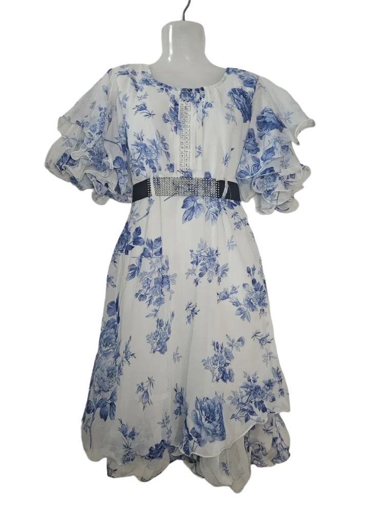 Ruffle Sleeve Floral Chiffon Dress with Rhinestone Belt