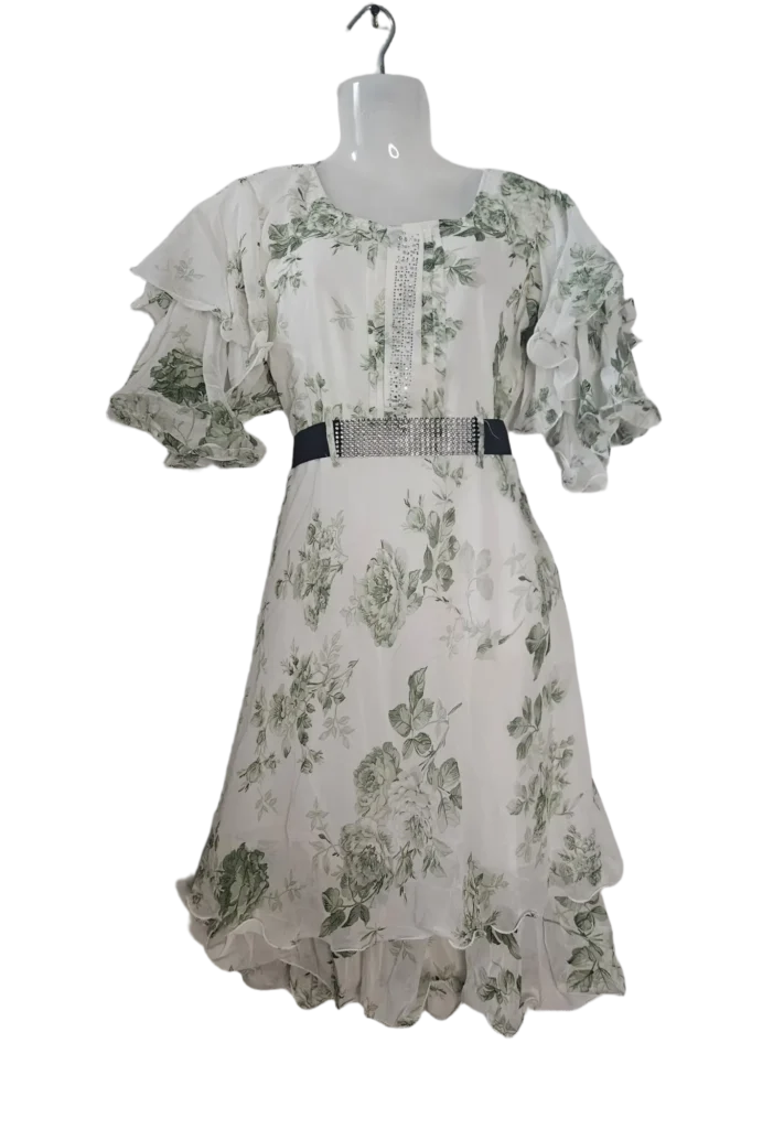 Ruffle Sleeve Floral Chiffon Dress with Rhinestone Belt