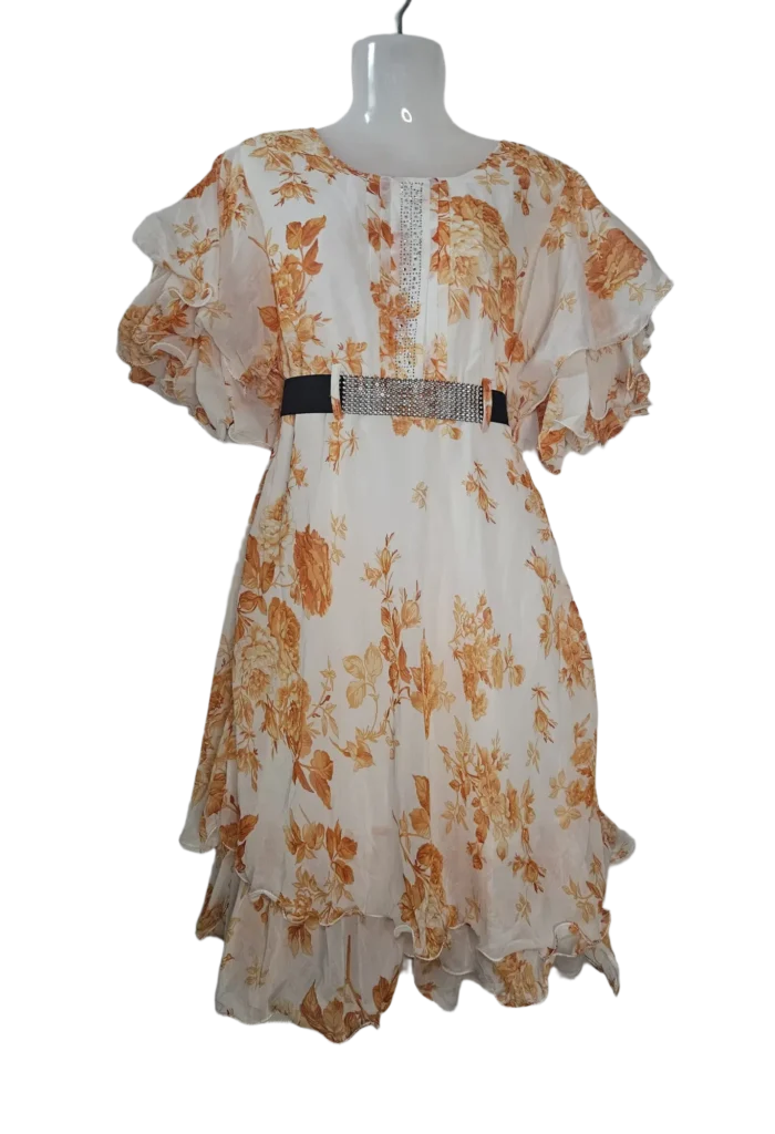 Ruffle Sleeve Floral Chiffon Dress with Rhinestone Belt