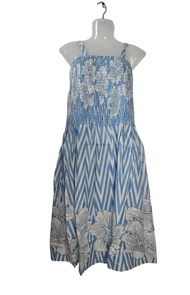 Smocked Bodice Spaghetti Strap Chevron & Floral Print Midi Dress