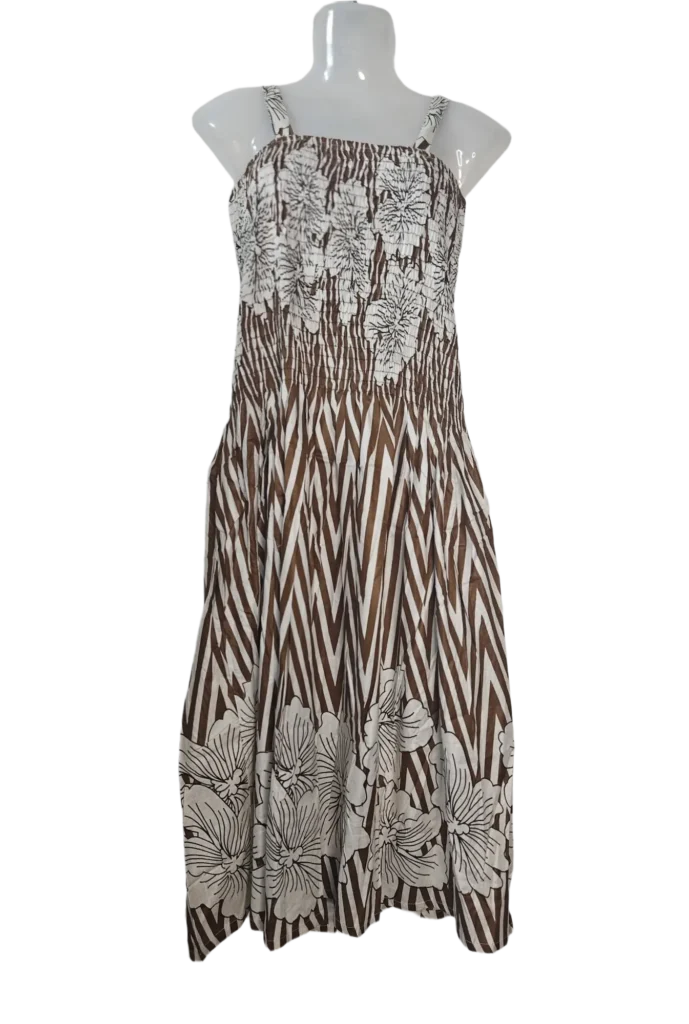 Smocked Bodice Spaghetti Strap Chevron & Floral Print Midi Dress