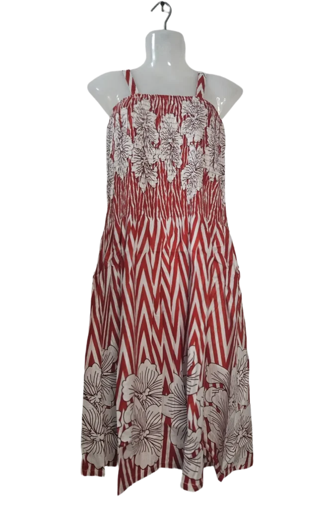 Smocked Bodice Spaghetti Strap Chevron & Floral Print Midi Dress