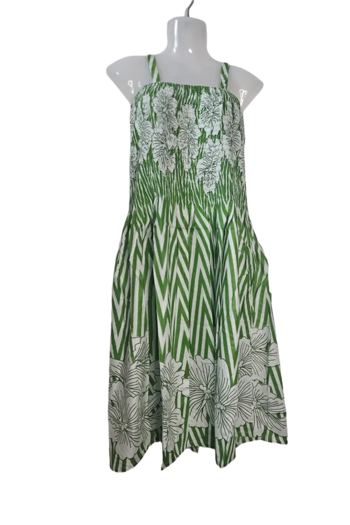 Smocked Bodice Spaghetti Strap Chevron & Floral Print Midi Dress