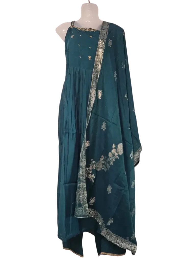 Teal Green Anarkali Suit with Silver Floral Dupatta